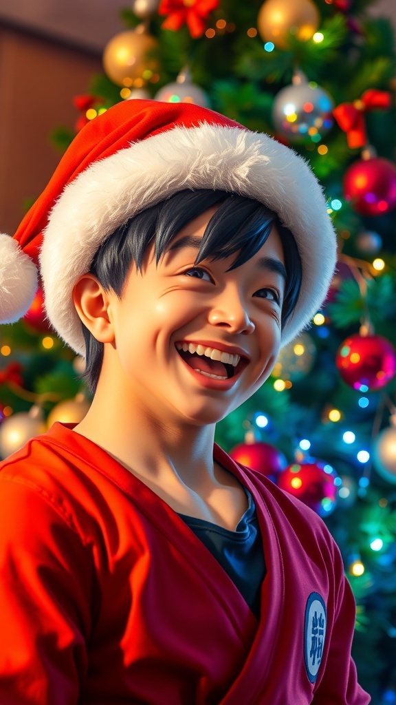 Goku in a Santa hat with a Christmas tree in the background.